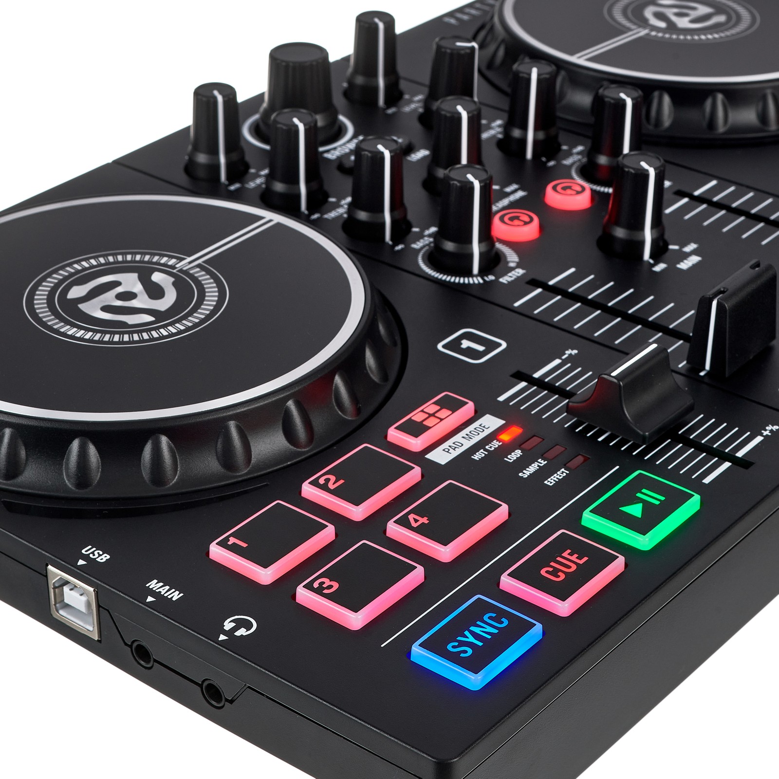 Detailansicht des Numark Party Mix MKII 2-Kanal DJ Controller mit integrierter Soundkarte