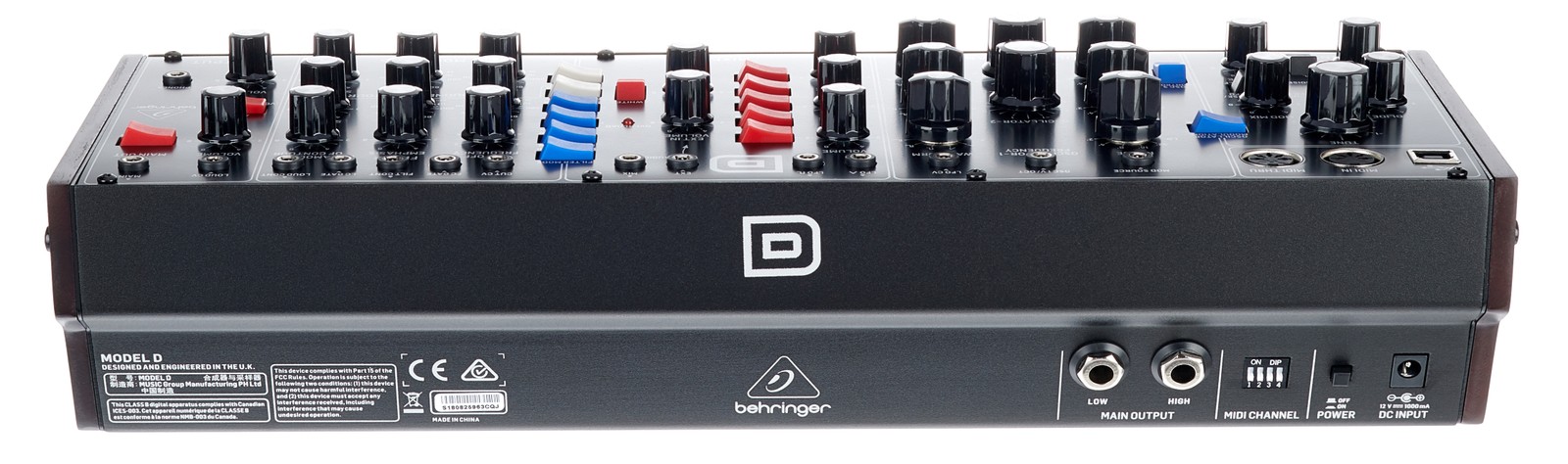Connections on the back of the Behringer Model D Analogue Desktop Synthesiser in Classic Design