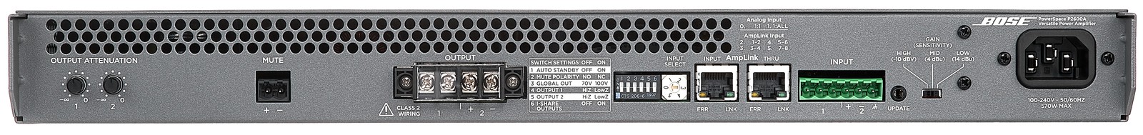 Rückseite des Bose Professional PowerSpace P2600A mit Anschlüssen