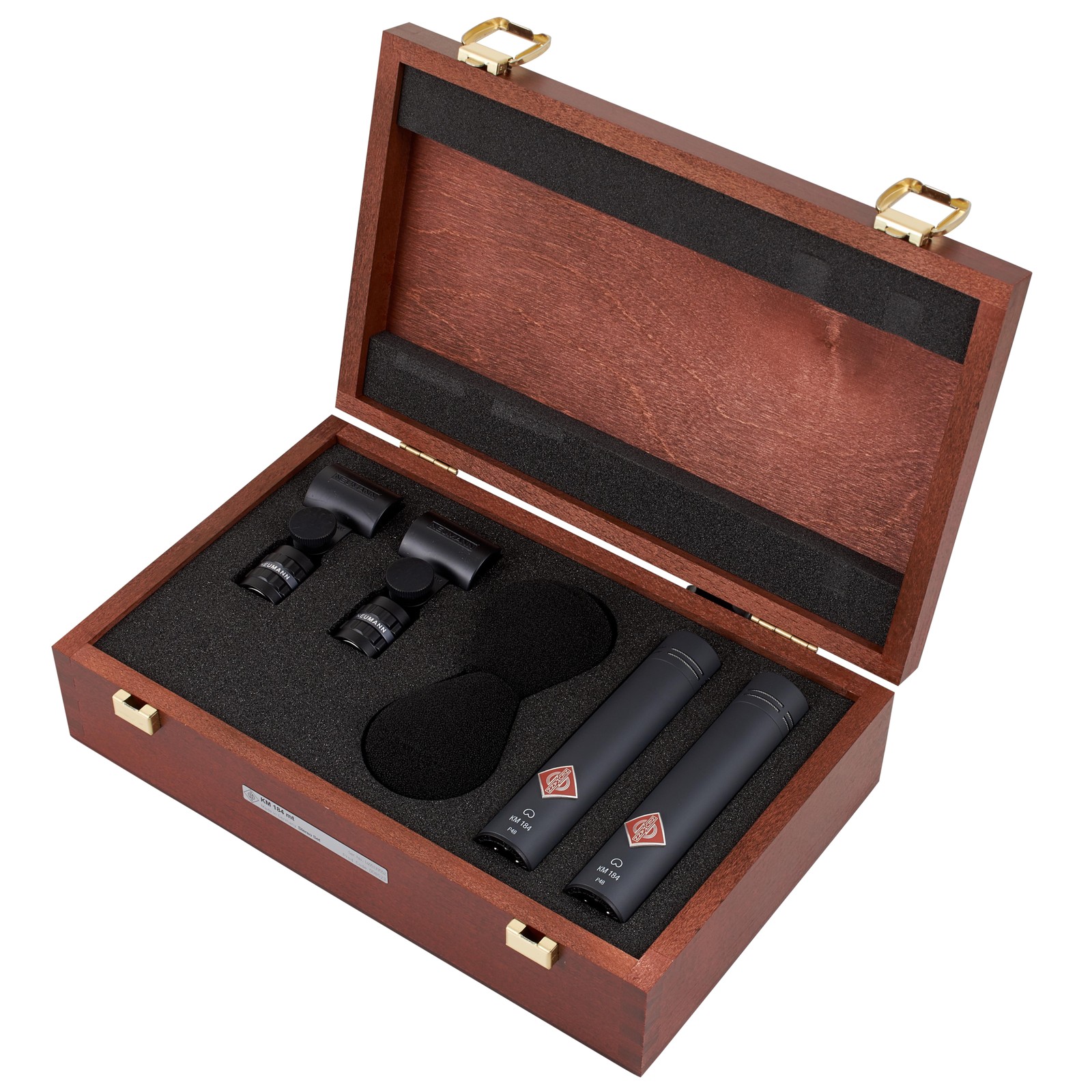 Ensemble stéréo de microphones KM184 de Neumann dans sa boîte de bois