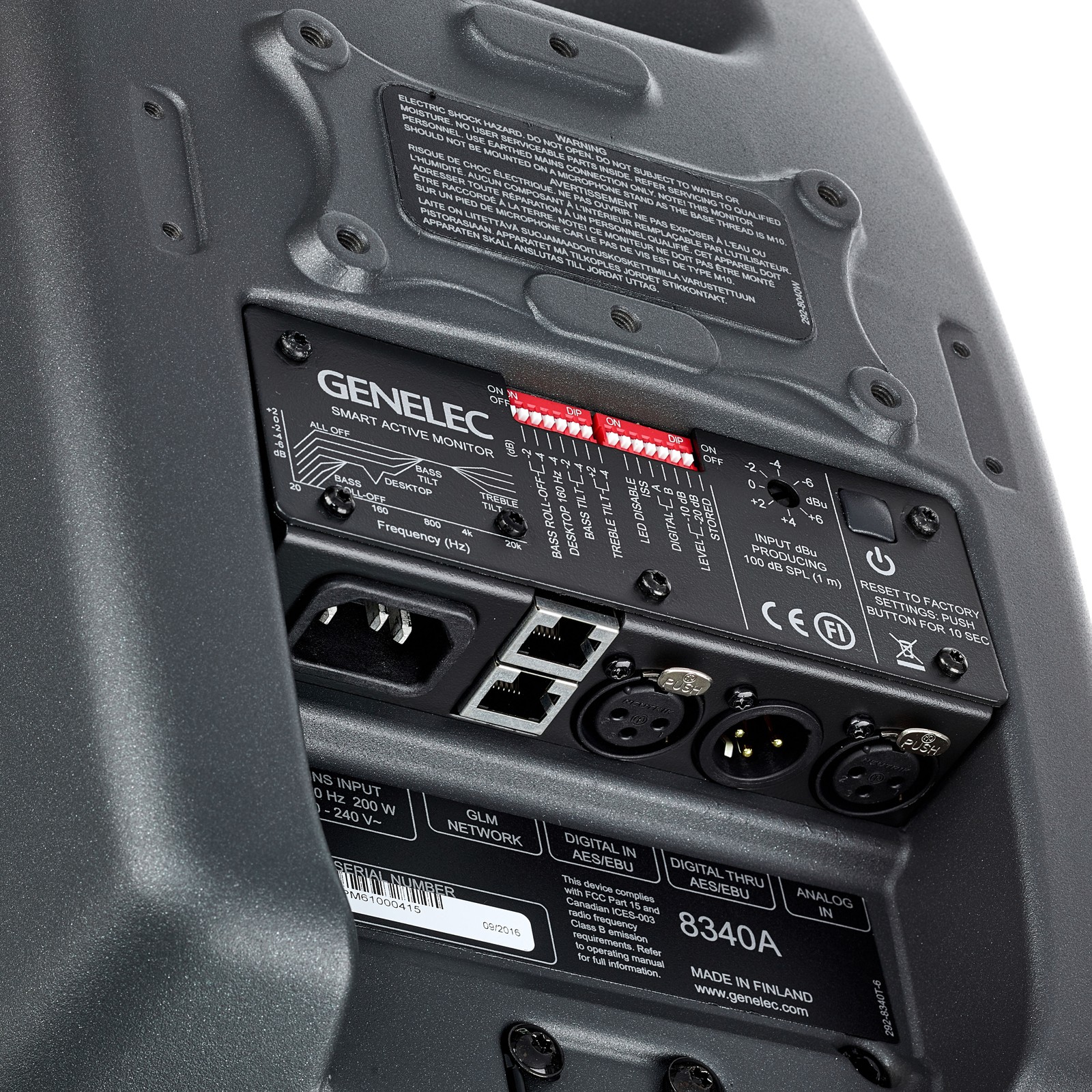 Back of the Genelec 8340 APM, complete with connections