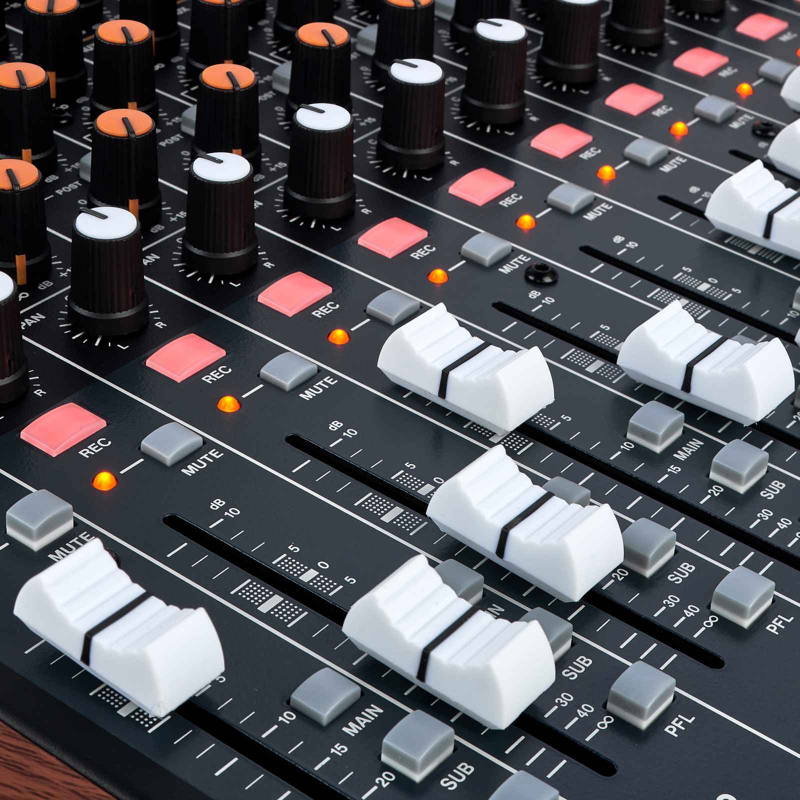 Tascam Model 16 mixing desk, faders and dials