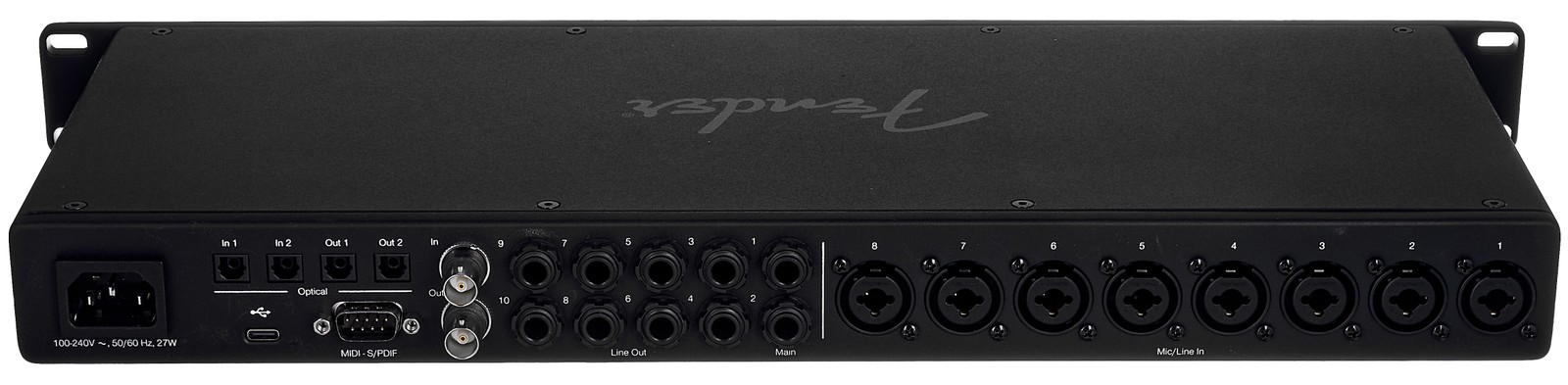 Rückseite des Fender Quantum HD8 Audiointerface mit Anschlüssen