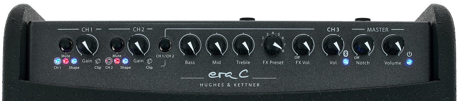 Oberseite des Hughes & Kettner era C Black Akustikverstärkers mit Bedienelementen