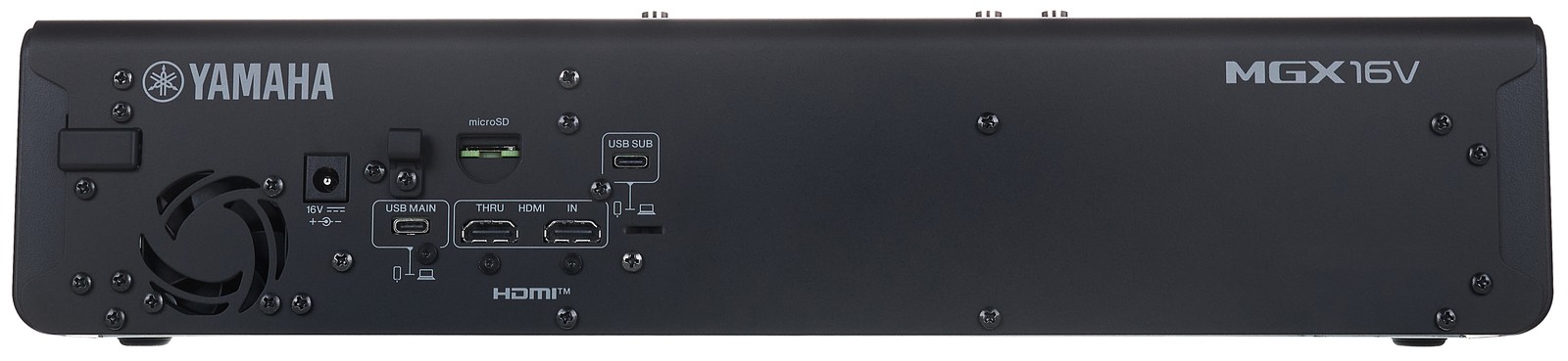 Rear view of the Yamaha MGX16V Black, AV HDMI digital mixer