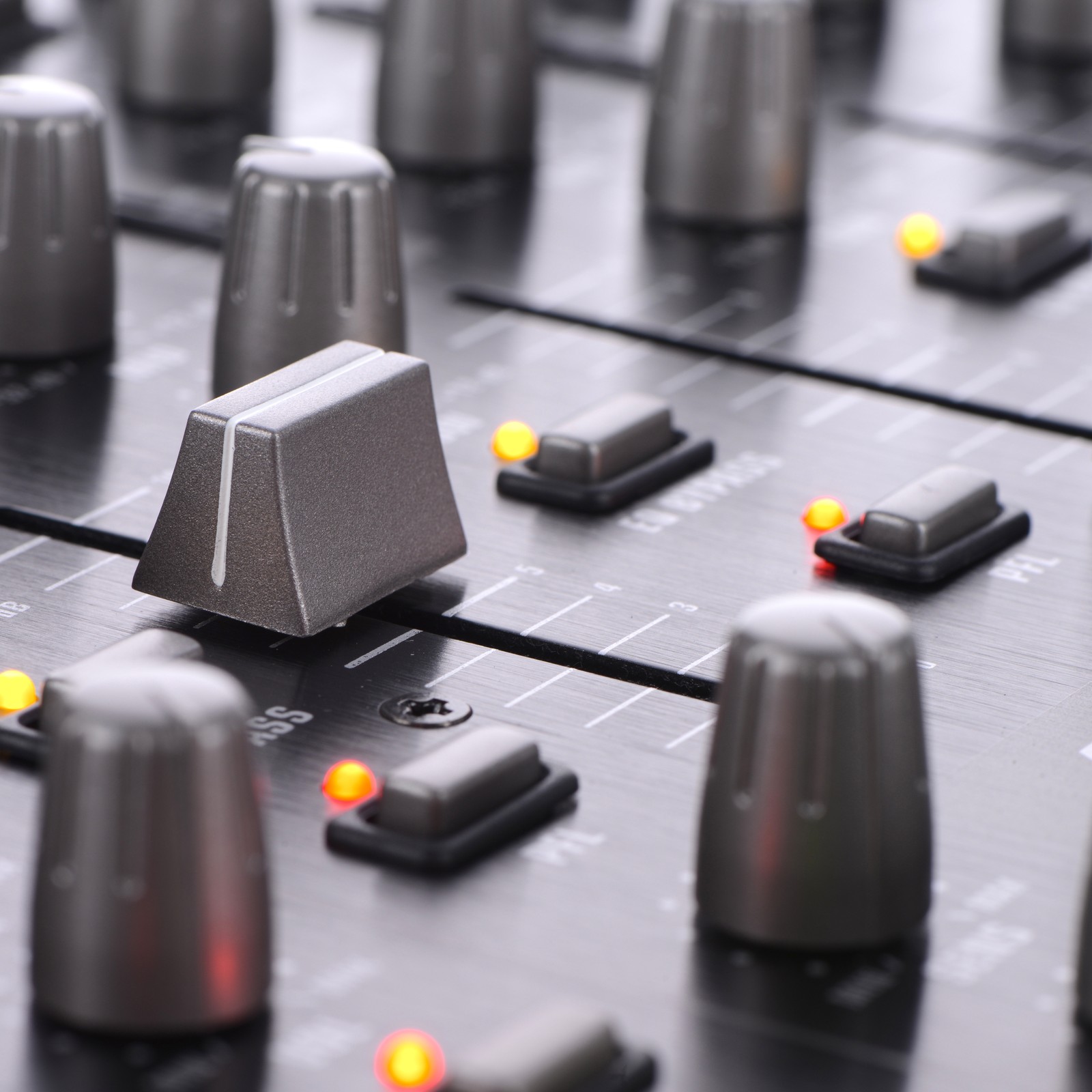 Closeup of the Behringer VMX1000 USB 7-Channel Ultra-low Noise DJ Mixer