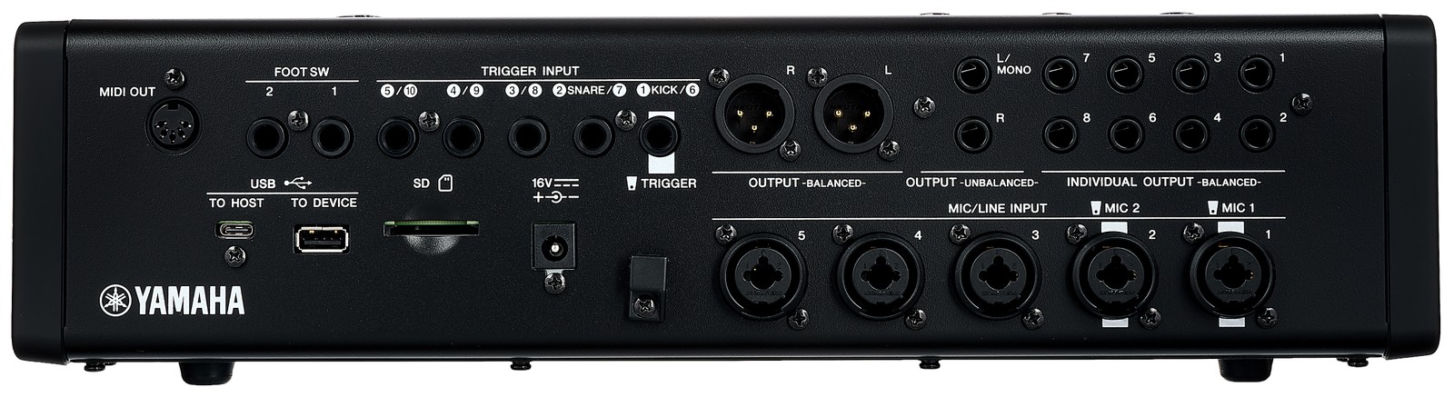 Rückseite des Yamaha EAD50 Drummoduls mit Anschlüssen