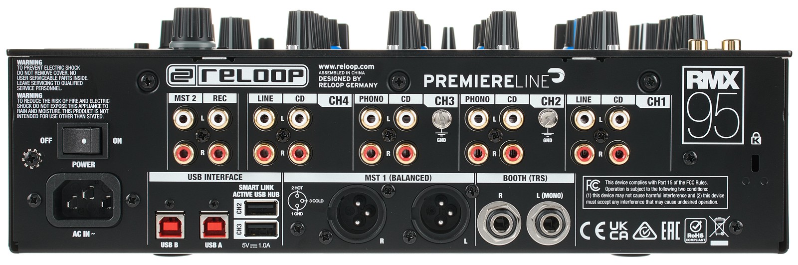 Rückseite des Reloop RMX-95 DJ-Mixers mit Anschlüssen