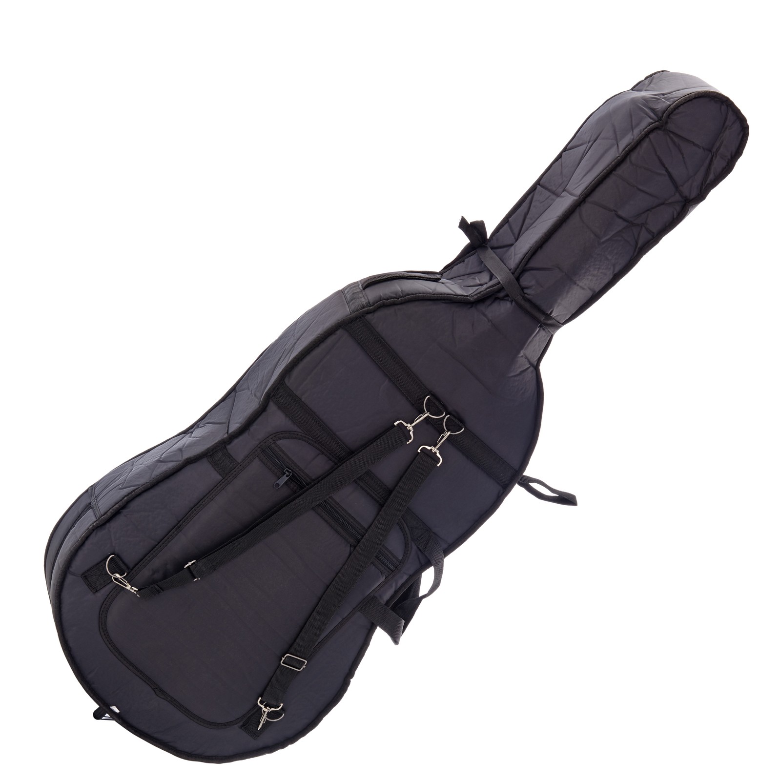 Grey cello case with backback straps, rear view