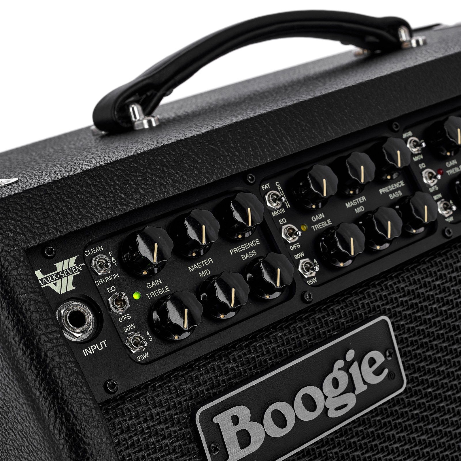 Bedienelemente auf der Frontseite des Mesa Boogie Mark VII 1 x 12 Combo mit Herstellerlogo