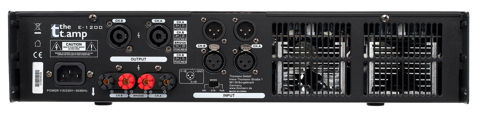 Rückansicht mit Anschlüssen der the t.amp E-1200 Stereo-Endstufe