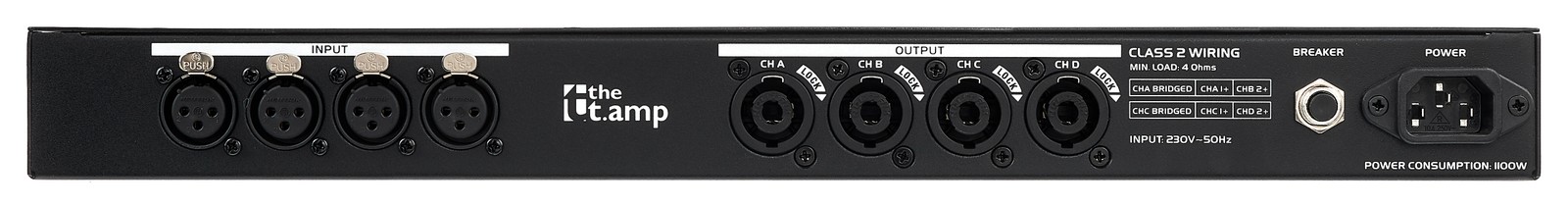 the t.amp Quadro 500 DSP four channel amplifier, rear view with sockets