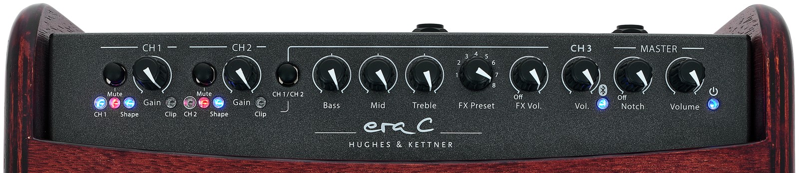 Oberseite des Hughes & Kettner era C Wood Akustikverstärkers mit Bedienelementen