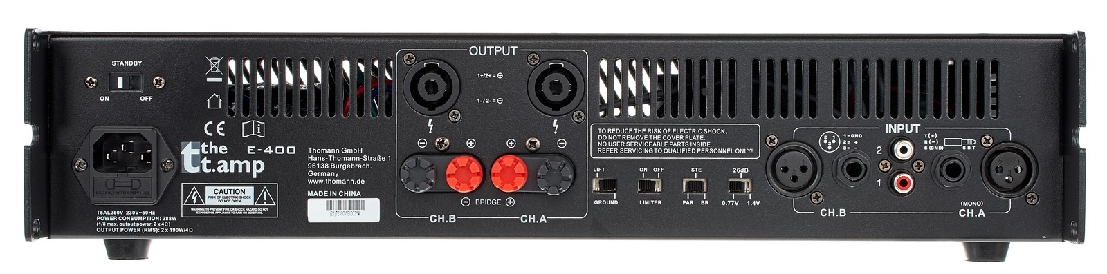Back view with connections on the the t.amp E400 Stereo Power Amplifier