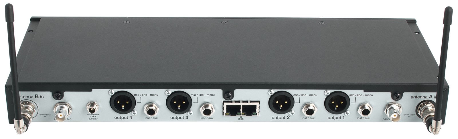Rückseite des Shure SLXD4Q+E G65 Vierkanal-Empfängers