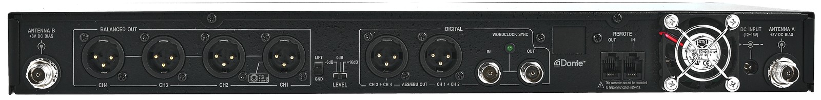 Rear view of the Mipro ACT-848 5UA, digital UHF 4-channel receiver