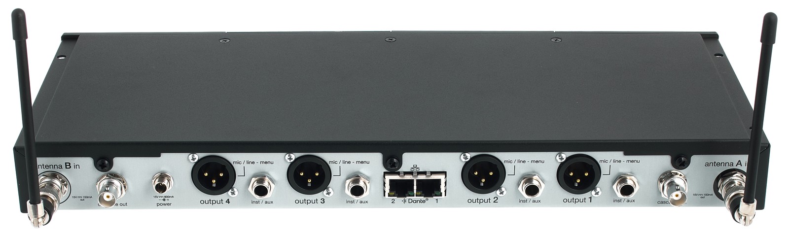 Rückseite des Shure SLXD4QDAN+E G65 Vierkanal-Empfängers