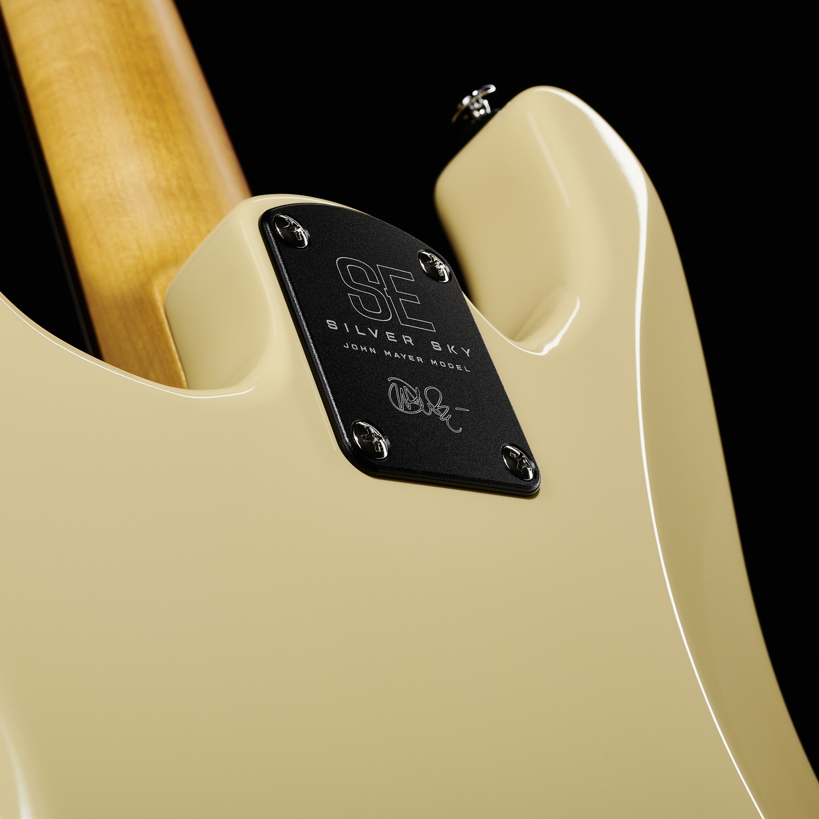 neck heel and neck plate on the PRS SE Silver Sky Moon White