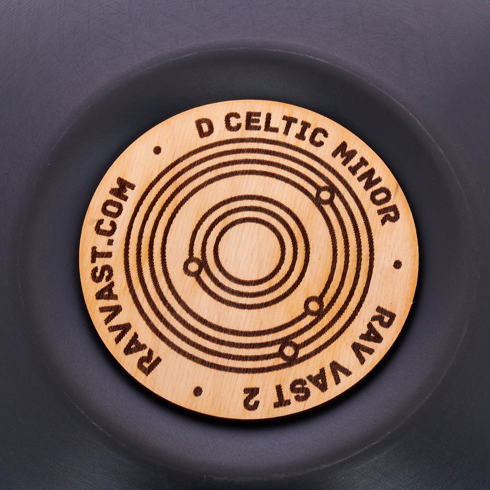 Closeup of the RAV Labs Vast D Celtic Minor Tongue Drum in Handpan Look