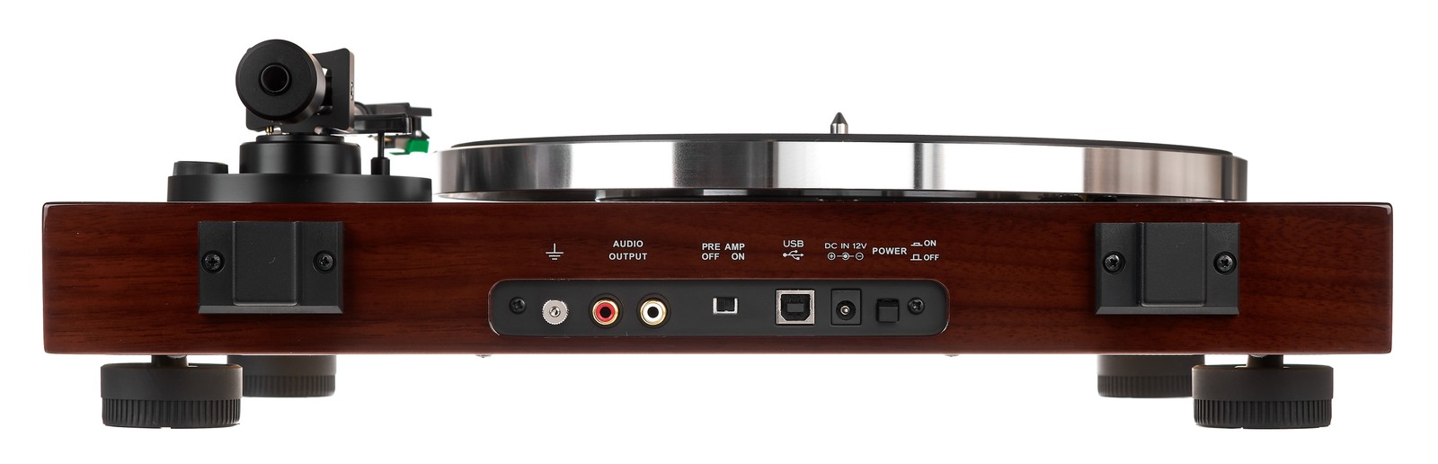Rückseite des Thorens TD 202 walnut mit Anschlüssen