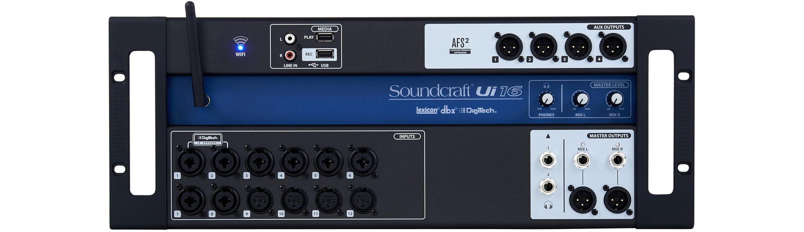 Front view of the Soundcraft Ui16 16-channel digital mixing console