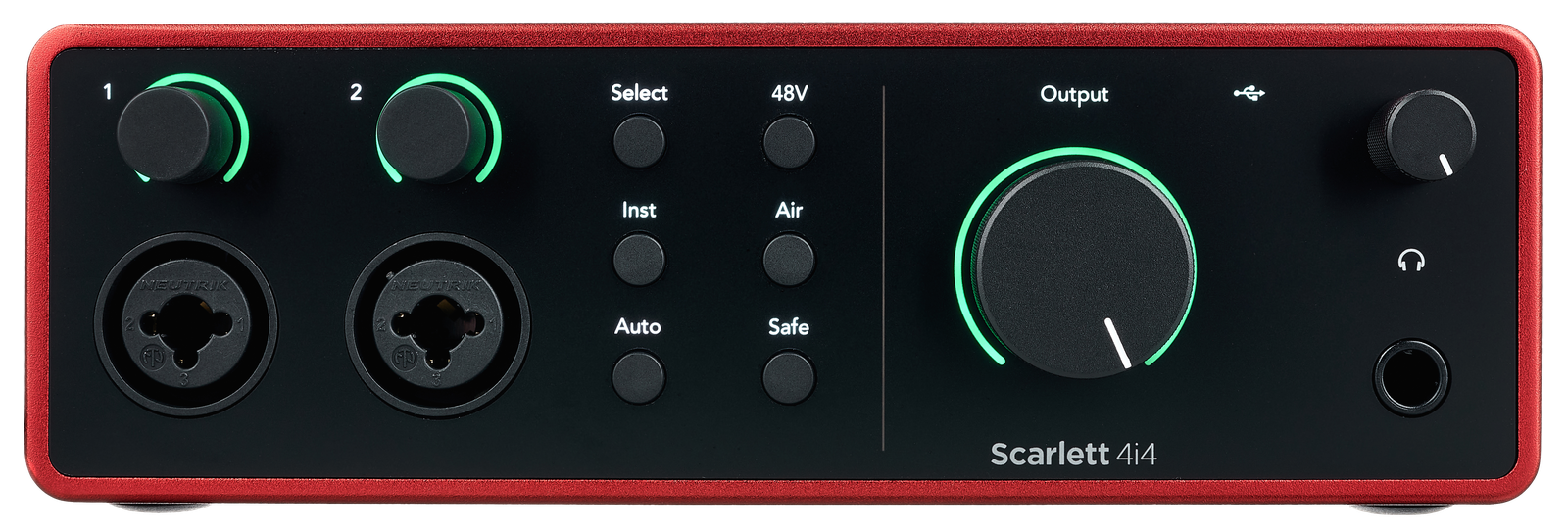 Front view of the Focusrite Scarlett 4i4 4th Generation 2-channel USB 2.0 audio interface with controls and switches