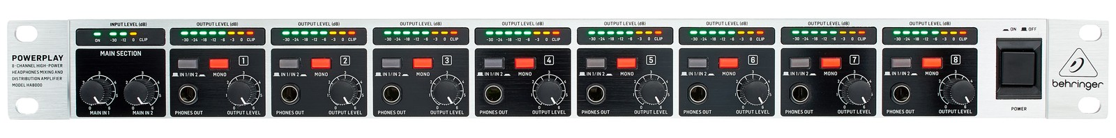 Behringer HA8000 V2 headphone amplifier system, front view
