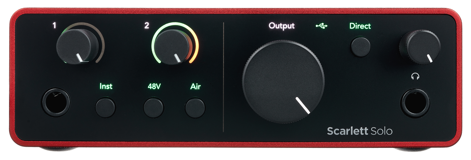 Frontansicht mit Reglern und Schaltern des Focusrite Scarlett Solo 4th Gen. 2-Kanal USB2.0 Audiointerface mit USB-C Anschluss