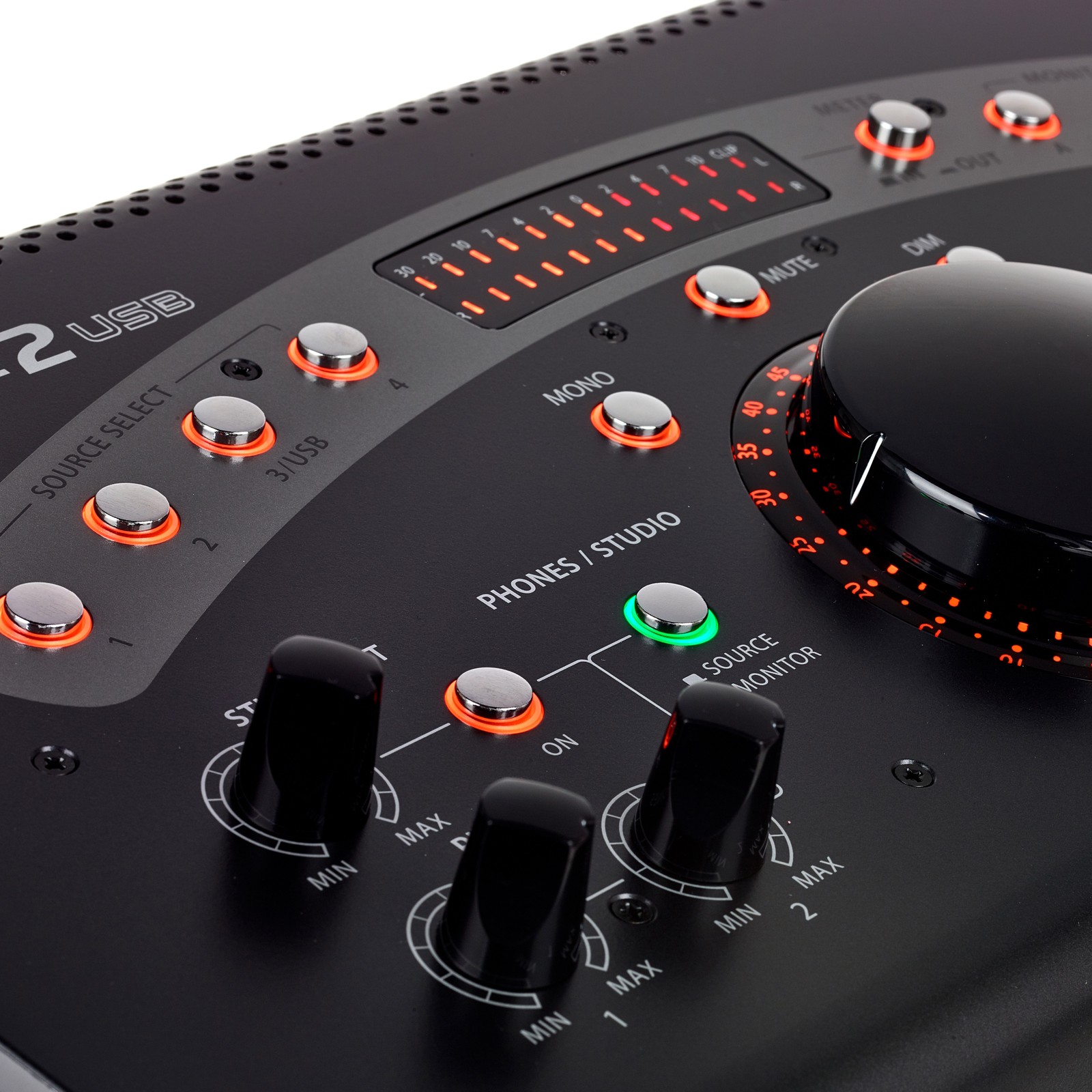 Detail view of the Behringer Control2USB Studio Monitor Controller with integrated USB Audio Interface