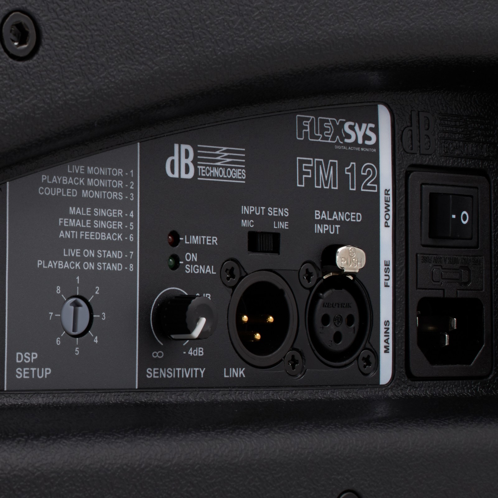 Connections on the dBTechnologies Flexsys FM12 - Active 2-way coaxial monitor system