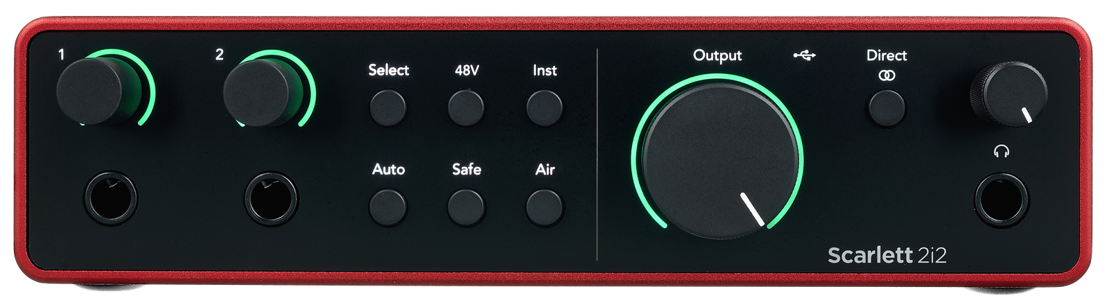 Front view of the Focusrite Scarlett 2i2 4th Generation 2-channel USB 2.0 audio interface with controls and switches