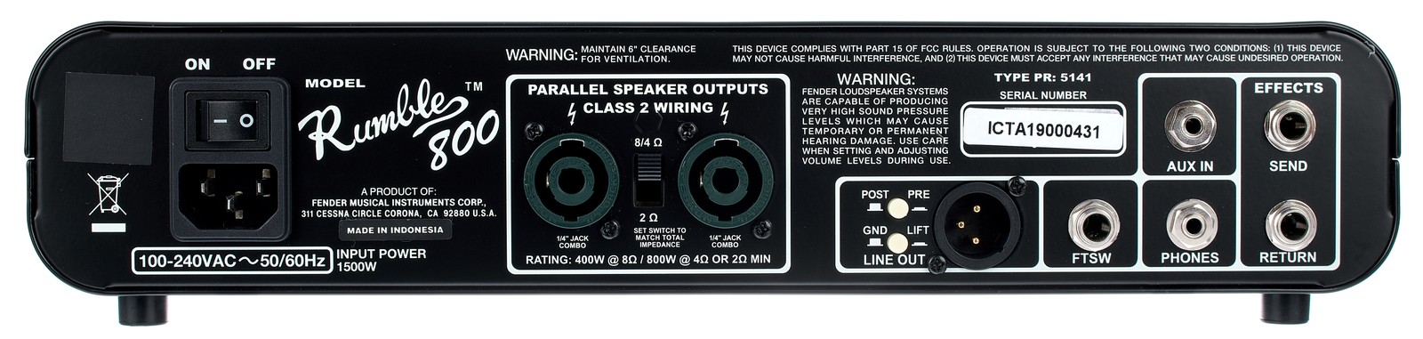 Fender Rumble 800HD, conexiones en la parte trasera