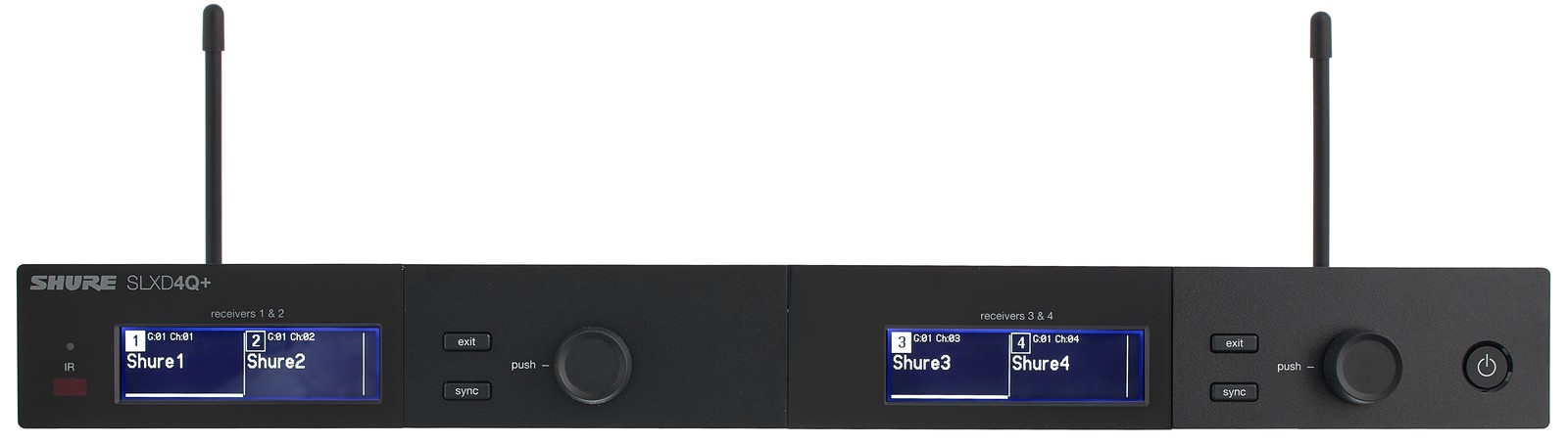 Vorderansicht des Shure SLXD4Q+E G65 Vierkanal-Empfängers