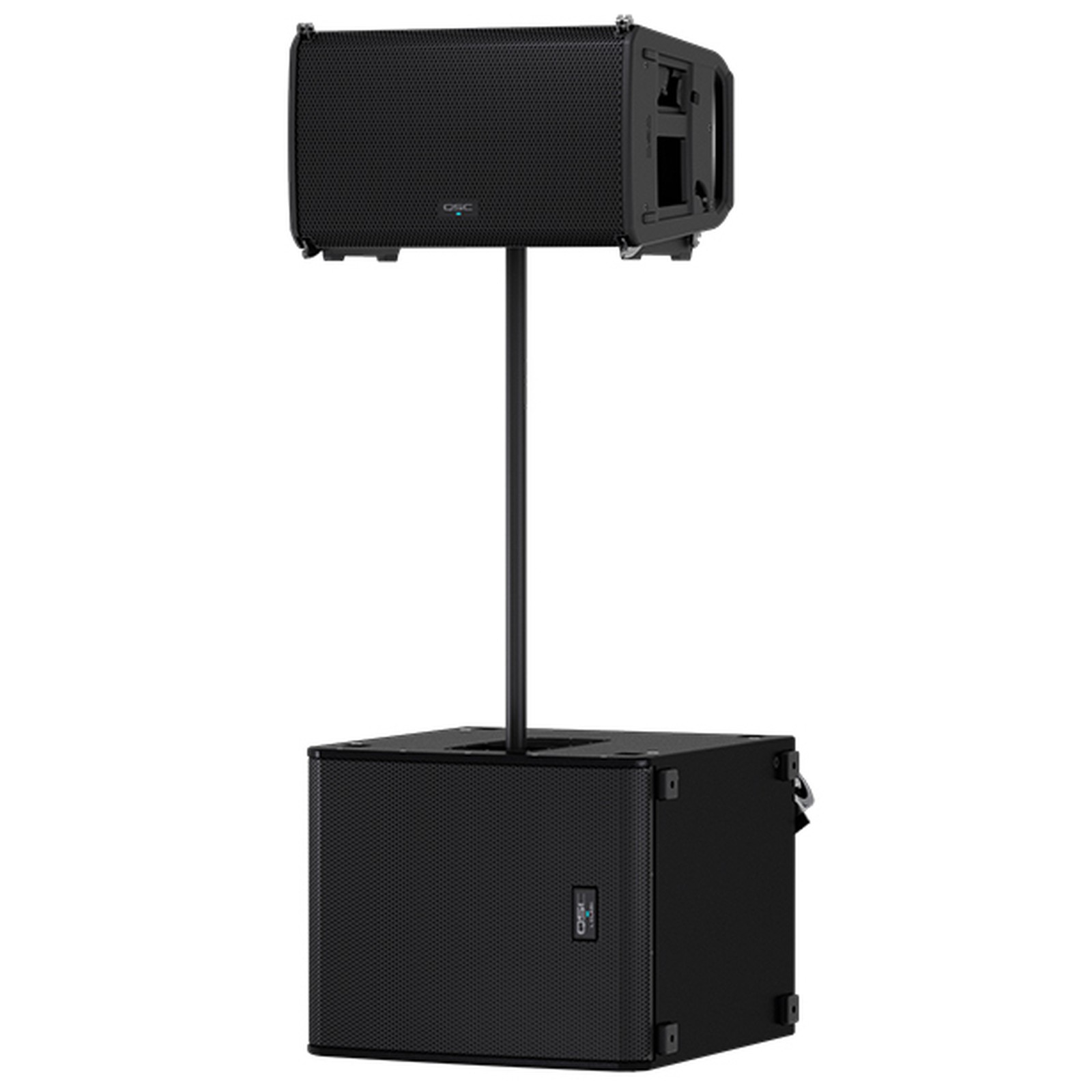 Pole Array bestehend aus QSC LS118 Subwoofer und LA112 Lautsprecher