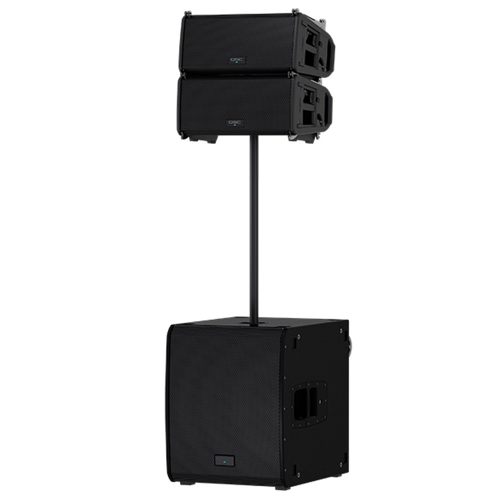 Pole Array comprising one QSC LS118 woofer and two LA108 speakers