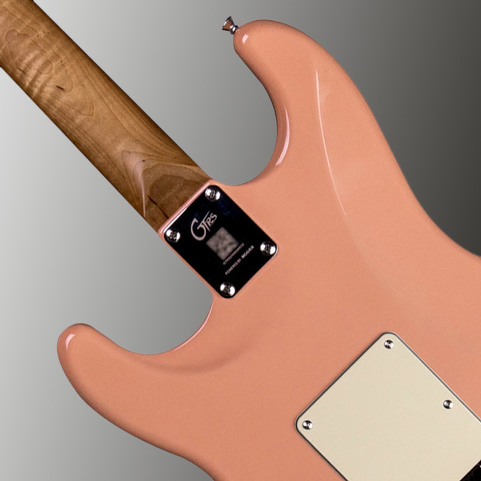 Bolt-on neck on the Mooer GTRS Guitar Profess. 801 Flamingo Pink, rear view