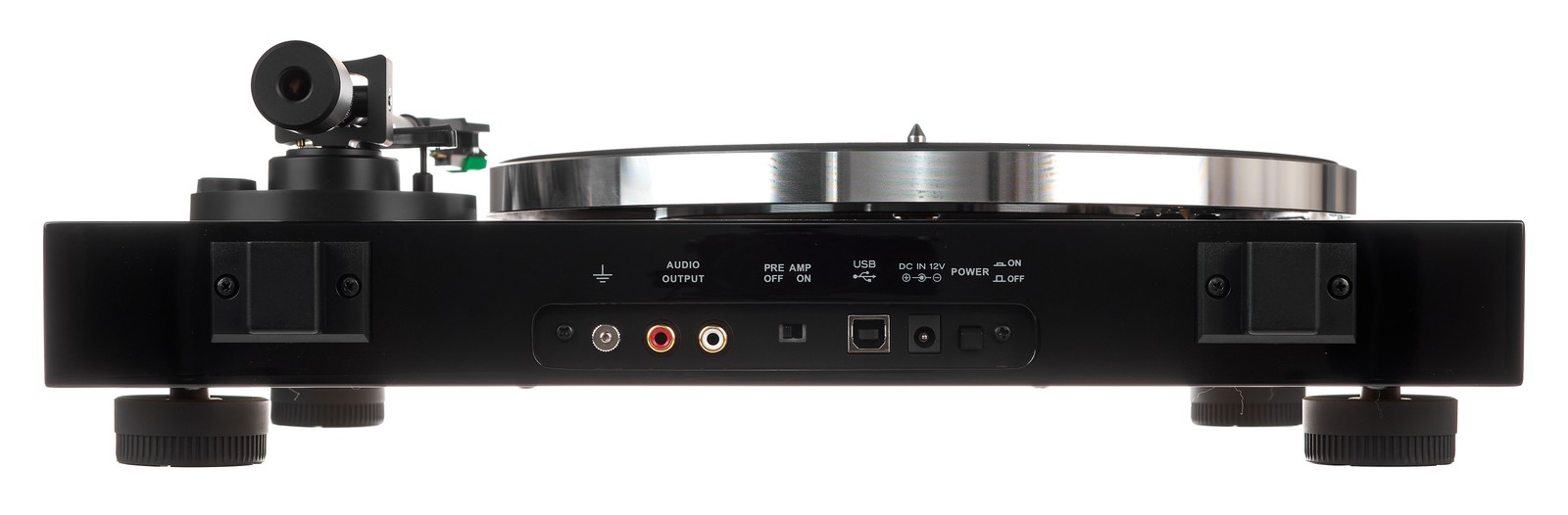 Rückseite des Thorens TD 202 black mit Anschlüssen