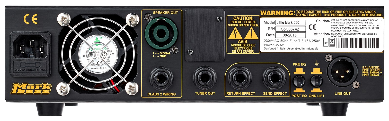 Rückseite mit Anschlüssen vom Little Mark 250 Black Line Topteil für E-Bass