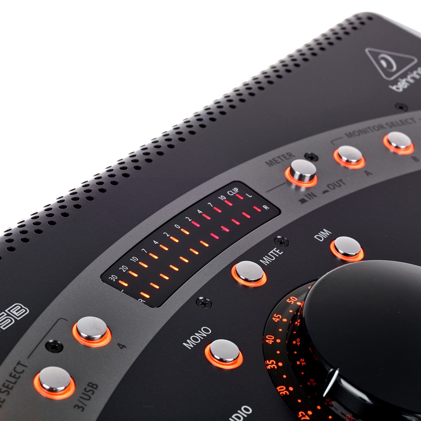 Detail view of the Behringer Control2USB Studio Monitor Controller with integrated USB Audio Interface