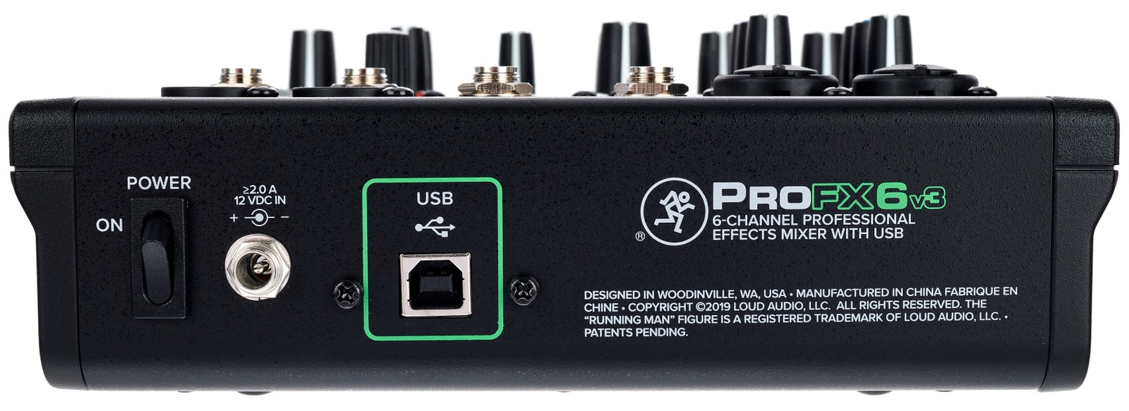 Rear view of the Mackie ProFX6v3, six-channel mixer