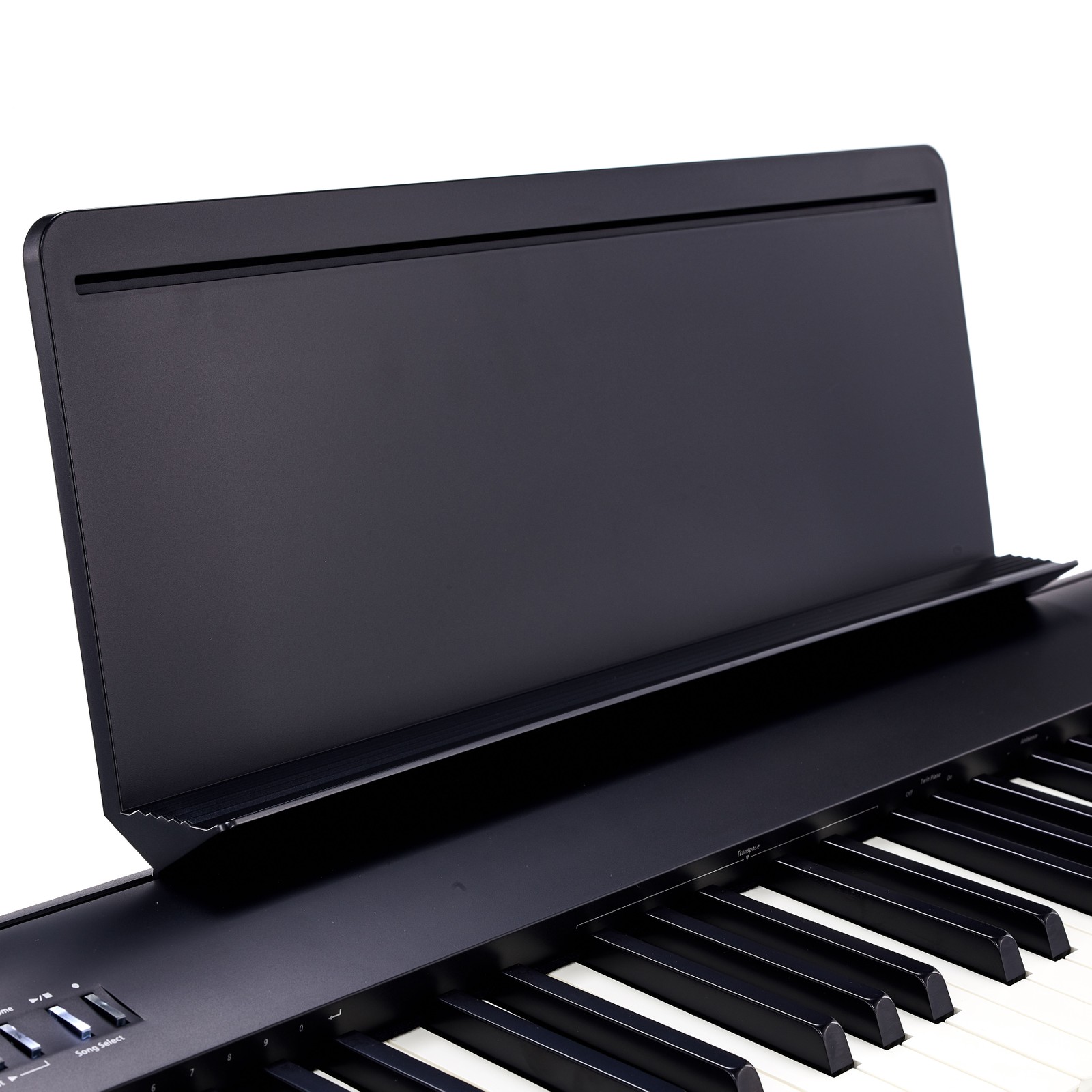 Slant view of Roland FP-30X BK with music holder mounted