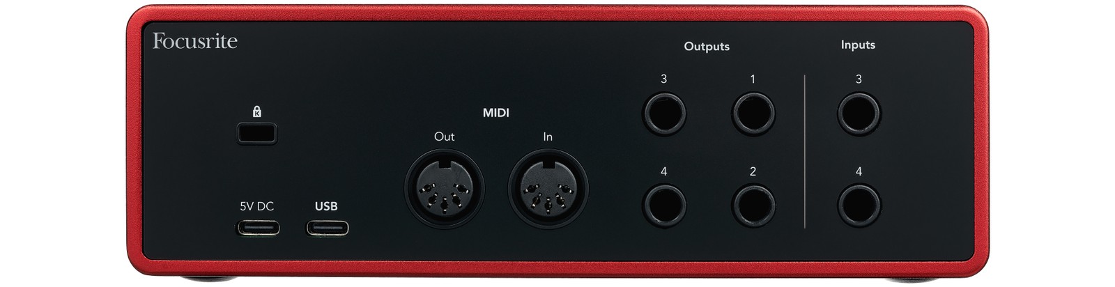 Rear view of the Focusrite Scarlett 4i4 4th Generation 4-channel USB 2.0 audio interface with USB-C connection