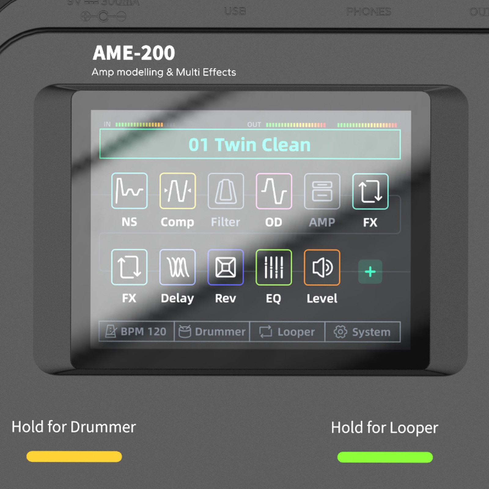 Display des Audota AME-200 Amp Modelers