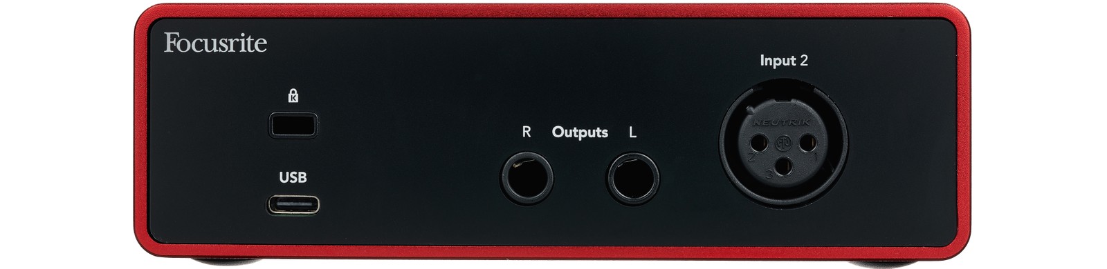 Rear view of the Focusrite Scarlett Solo Studio 4th Generation 2-channel USB 2.0 audio interface with connections