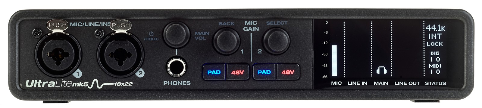Front panel on the MOTU UltraLite mk5 USB 2.0 Audio Interface