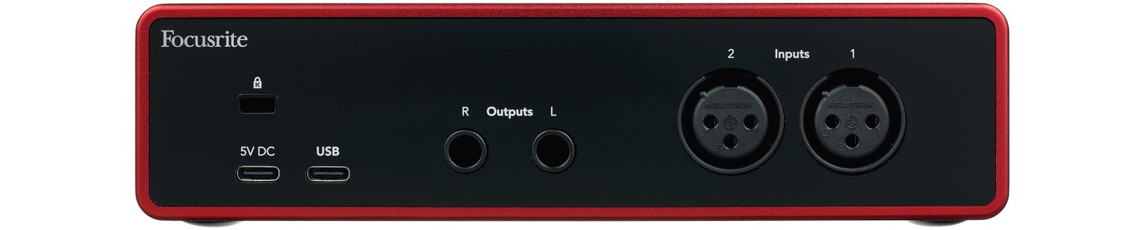 Rear of the Focusrite Scarlett 2i2 4th Generation 2-channel USB 2.0 audio interface with connections