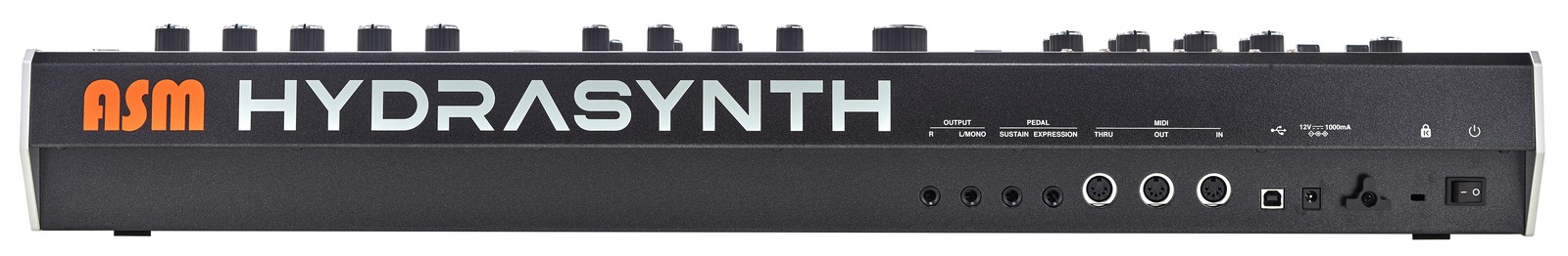 Rückseite des ASM Hydrasynth Digital Wavemorphing Synthesizers mit Anschlüssen