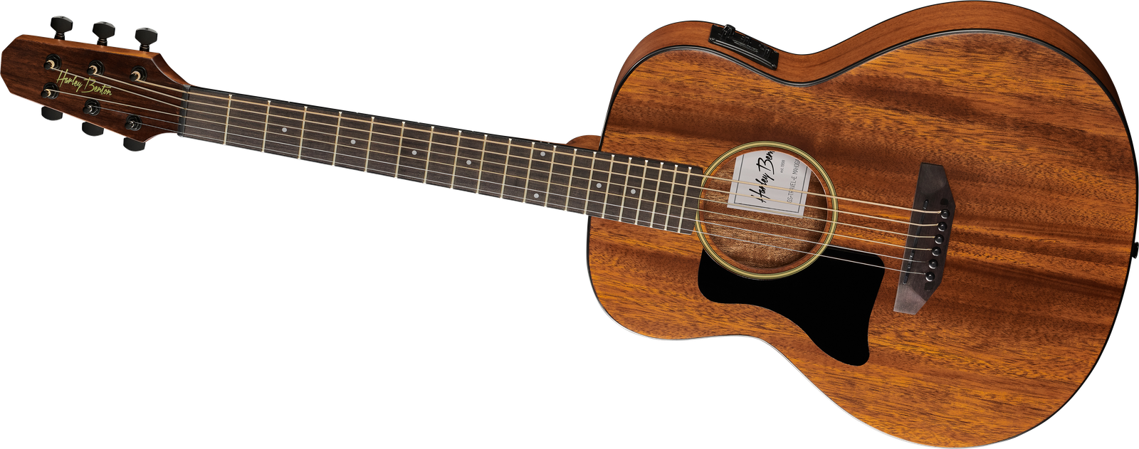 Left-handed Harley Benton GS-Travel-E LH Mahogany acoustic guitar, front view