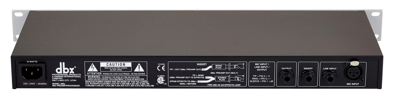 Back view of the DBX 286 S Microphone processor