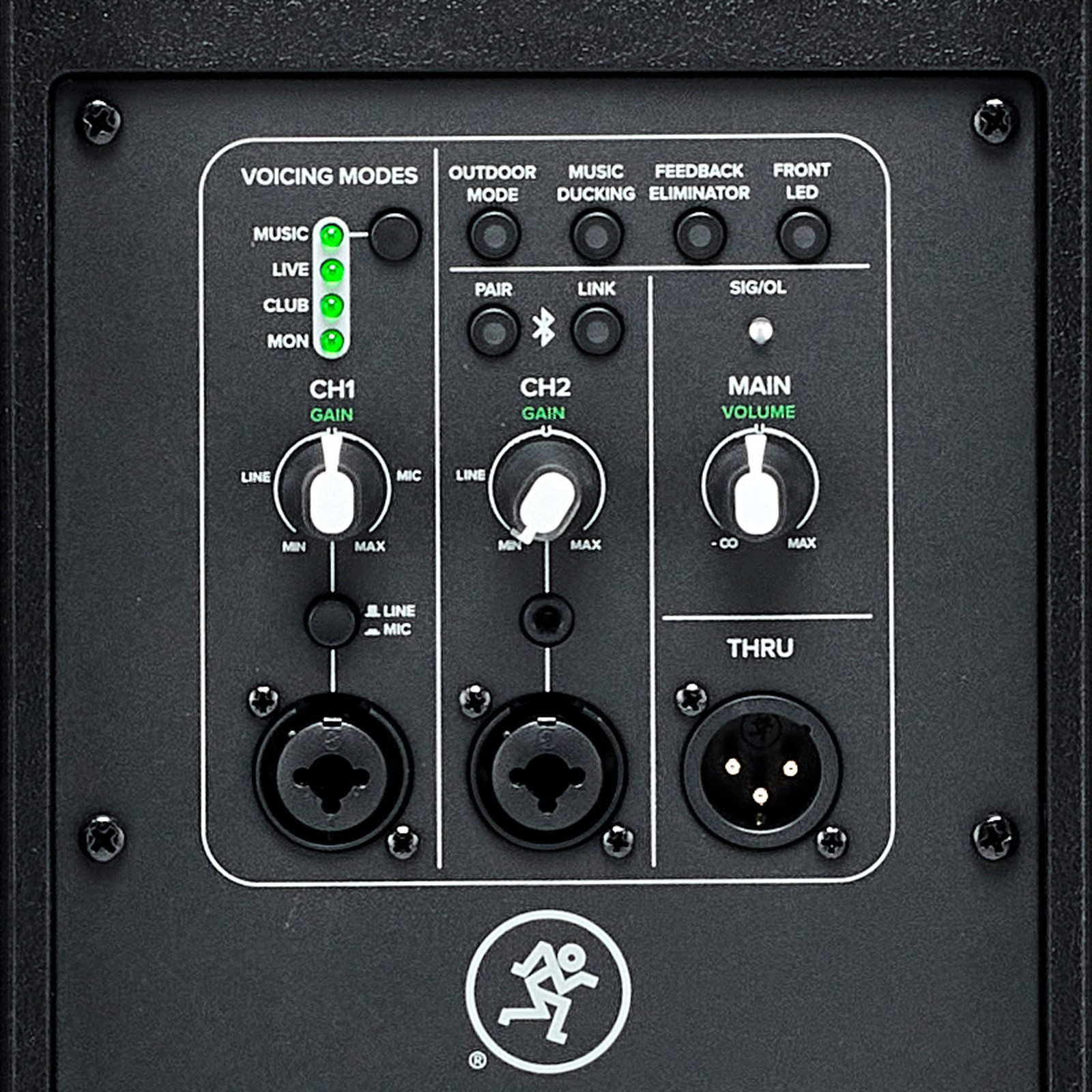 Connections and controls on the Mackie Thump 215XT